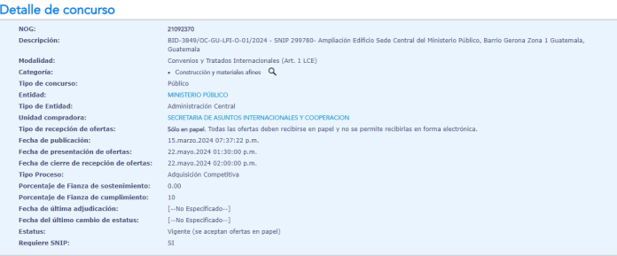 Detalles del concurso en Guatecompras bajo el NOG 21092370.