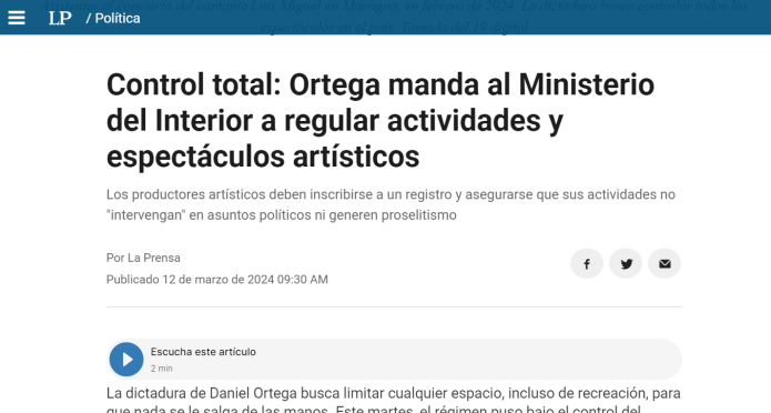El medio La Prensa informa de la nueva medida ordenada por Ortega. (Foto: captura de pantalla)
