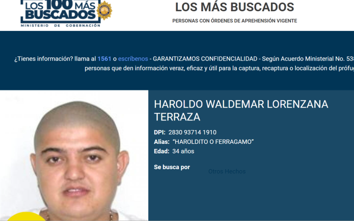 Haroldo Waldemar, hijo de Haroldo Geremías está pendiente de captura. (Foto: Ministerio de Gobernación)