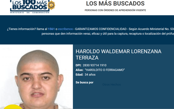 Haroldo Waldemar, hijo de Haroldo Geremías está pendiente de captura. (Foto: Ministerio de Gobernación)