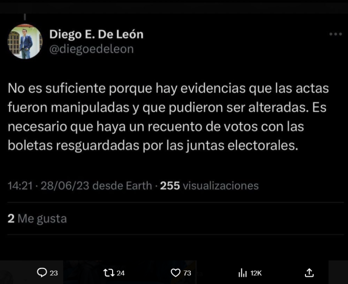 A pocos días de haberse realizado la primera vuelta, De León cuestionaba la veracidad de las actas electorales. (Foto: captura de pantalla)