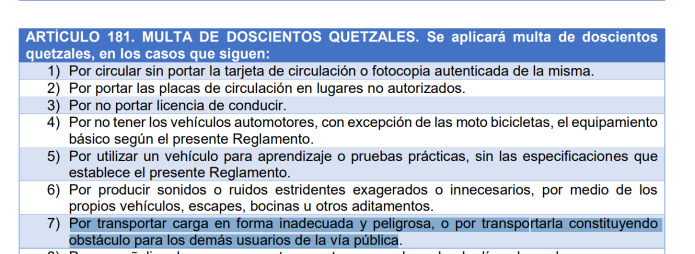 El Reglamento de Tránsito contempla sanción por la carga inadecuada. 