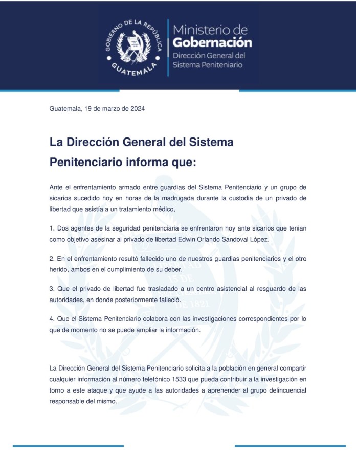 Comunicado del Sistema Penitenciario. 