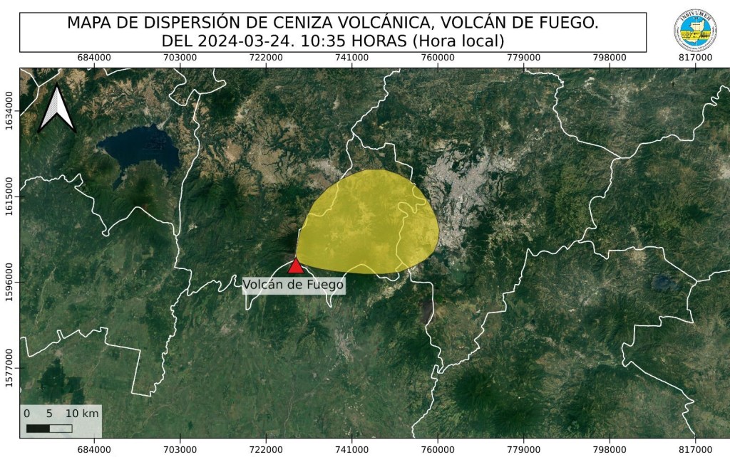 Mapa que muestra el área donde se espera caída de ceniza este domingo y lunes por el volcán de Fuego. Foto / INSIVUMEH.