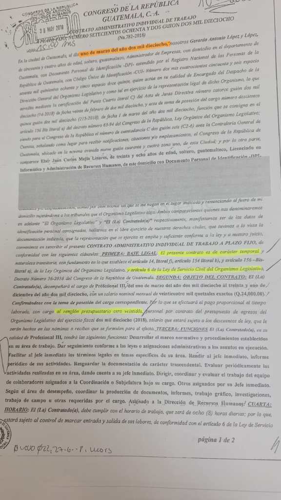 Imagen del contrato administrativo individual de trabajo de Eber Juan Carlos Mejía Linares. Foto: La Hora