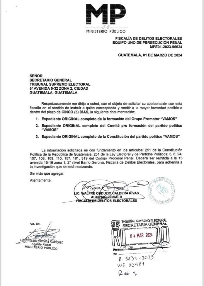 La Fiscalía de Delitos Electorales solicitó información al Tribunal Supremo Electoral (TSE) relativa al partido político VAMOS, la cual debe ser entregada en un plazo de 5 días.