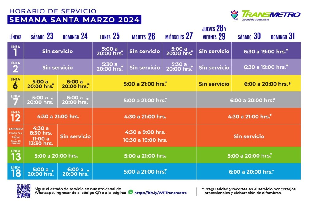 Horarios de servicio de Semana Santa. Foto: MuniGuate