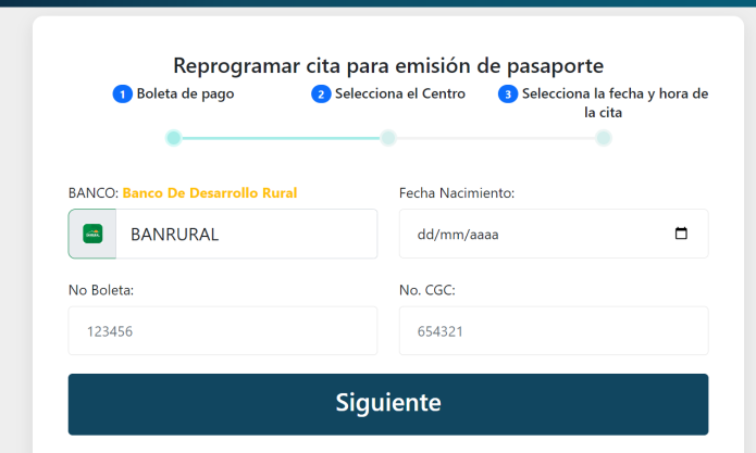 Se deben llenar los datos que se solicitan para reprogramar la cita. 