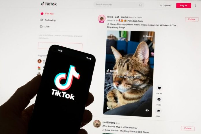 El logotipo de TikTok se ve en un teléfono móvil frente a una pantalla de computadora. (Foto AP/Michael Dwyer, Archivo)