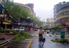 Un ciclista pasa entre escombros y árboles caídos después de fuertes tormentas en la ciudad de Qingyuan, en el sur de China, el lunes 22 de abril de 2024. (Chinatopix vía AP)