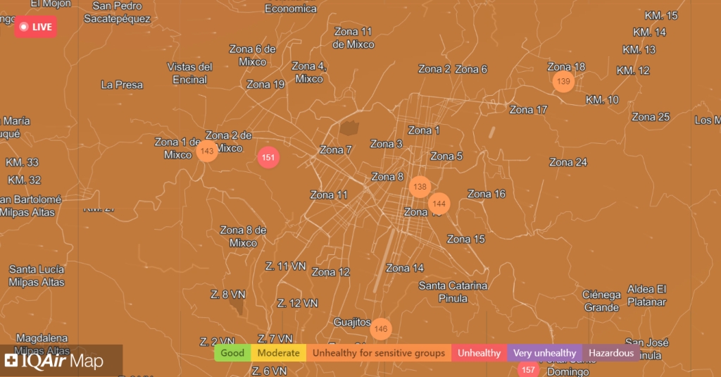 La calidad del aire se muestra en colores dependiendo de su nivel de peligrosidad. (Foto: Insivumeh)