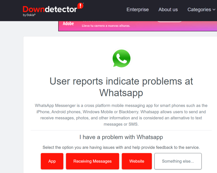 En el portal Down Detector también se reporta la caída de Whatsapp. (Foto: captura de pantalla)