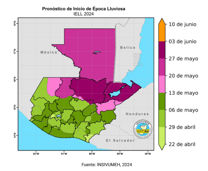 En colores se muestran las fechas y regiones en que darÃ¡ inicio la temporada de lluvias. (Foto: Insivumeh)