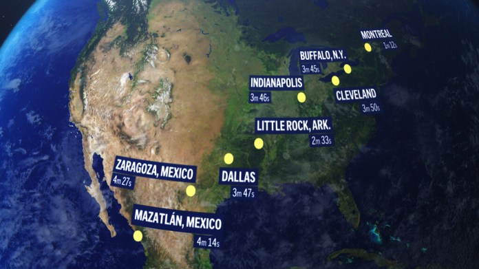 Un eclipse solar total el 8 de abril ingresará al continente americano por la costa mexicana del Pacífico, avanzará hacia el norte a través de Texas y Oklahoma, cruzará la región centro-norte de Estados Unidos, la región central con litoral en el Atlántico, y Nueva Inglaterra, antes de salir a través del este de Canadá hacia el Atlántico. (AP Foto, archivo)