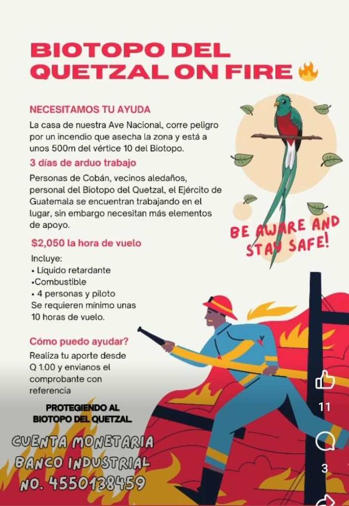 El Biotopo del Quetzal pide ayuda para mitigar efectos del incendio que se encuentra a unos 500 metros del vértice 10 del Biotopo. Foto: Facebook Biotopo del Quetzal/La Hora