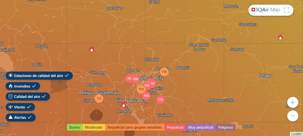 Foto captura de pantalla IQAirDe acuerdo al sitio electrónico que mide la calidad de aire IQAir así se observan los niveles de calidad de aire en la capital y municipios aledaños. Predomina el nivel perjudicial.