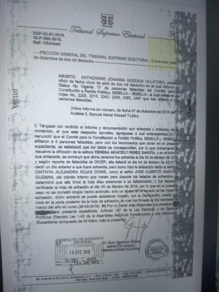 Imagen del documento del 7 de diciembre de 2018 firmado por el entonces inspector Oscar Sagastume. Foto: La Hora