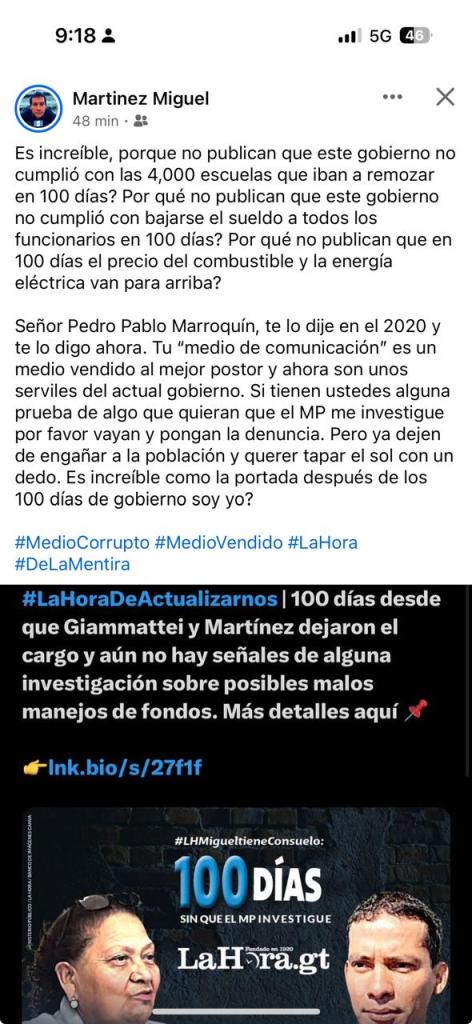 Captura de pantalla de la publicaciÃ³n en el perfil de Miguel MartÃ­nez. 