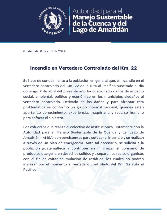 Comunicado de AMSA con relación al incendio que se registra en el vertedero que tiene a su cargo. 