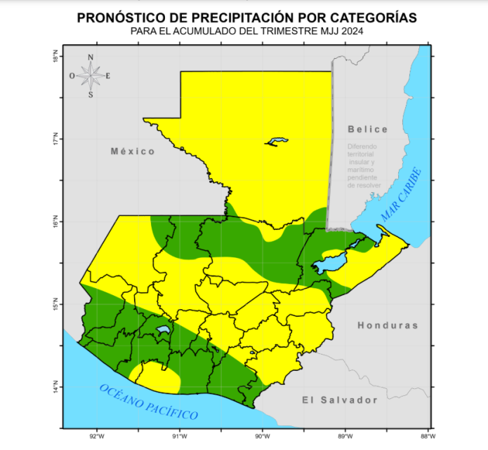 El Insivumeh muestra en verde las zonas donde la lluvia será arriba de lo normal y en amarillo donde será normal. 