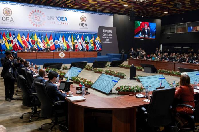 Vista general de la Reunión Ministerial del Grupo de Revisión de la Implementación de Cumbres durante la 52ª Asamblea General de la OEA en Lima el 6 de octubre de 2022. (Foto de Cris BOURONCLE/POOL/AFP)