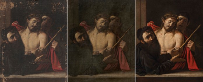 En esta combinación de fotografías proporcionada por el Museo del Prado el lunes 6 de mayo de 2024 la restauración de la obra "Ecce Homo" de Caravaggio. El Museo del Prado de España confirmó que una pintura que iba a ser subastada en Madrid en 2021 es en realidad una obra del maestro barroco italiano Michelangelo Merisi da Caravaggio que se consideraba perdida. (Museo del Prado, vía AP)