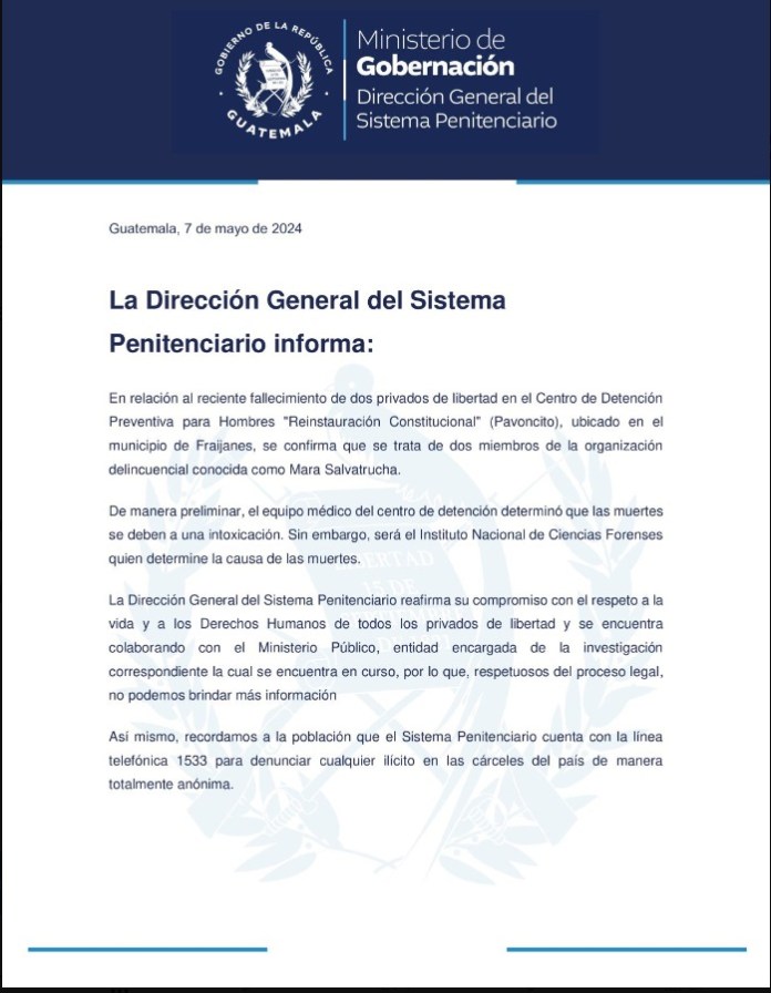 Comunicado oficial. Foto: Sistema Penitenciario