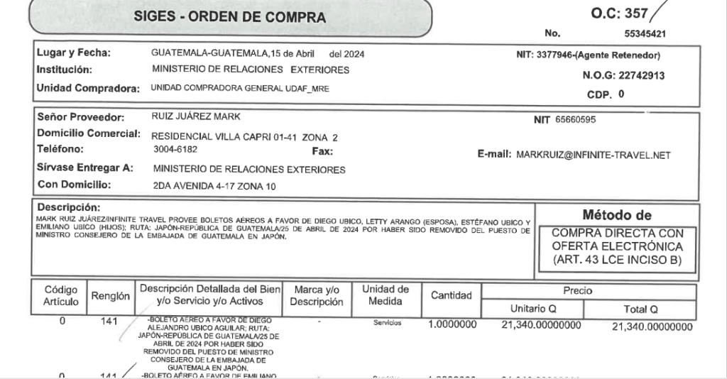 Detalle de la compra de boletos aéreos para Diego Alejandro y su familia por motivo de la remoción del cargo. (Foto: captura de pantalla)