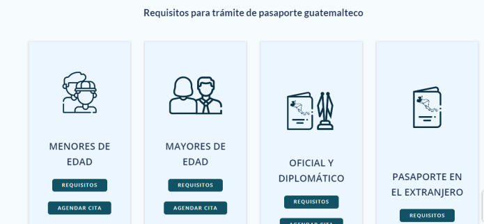 En el portal de Migración están las opciones para gestionar pasaporte para menores de edad, adultos, oficial y diplomático, y para quienes están en el extranjero. 