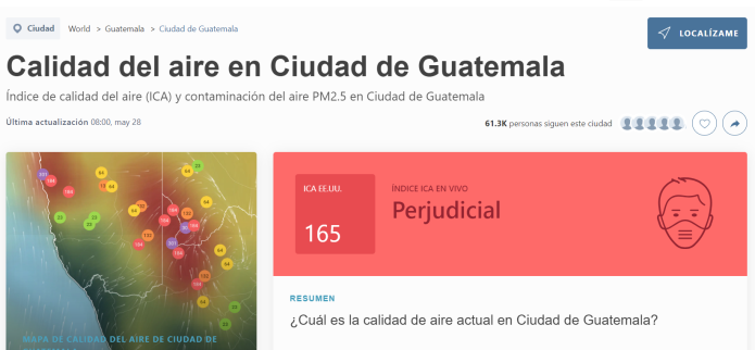 IQ Air marca como "perjudicial" la calidad del aire en la ciudad de Guatemala. 