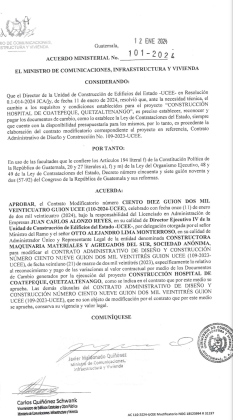 Javier Maldonado, exministro de Comunicaciones autorizó modificar el contrato de construcción del hospital de Coatepeque el 11 de enero 2024. (Foto: captura de pantalla)