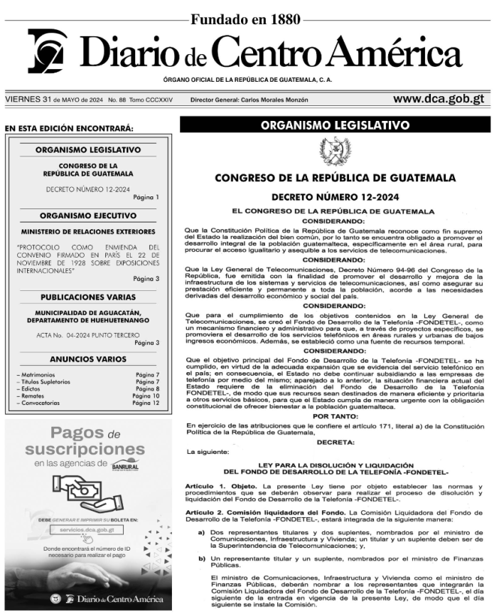 El Decreto 12-2024 fue publicado este viernes 31 de mayo 2024. (Foto: captura de pantalla)