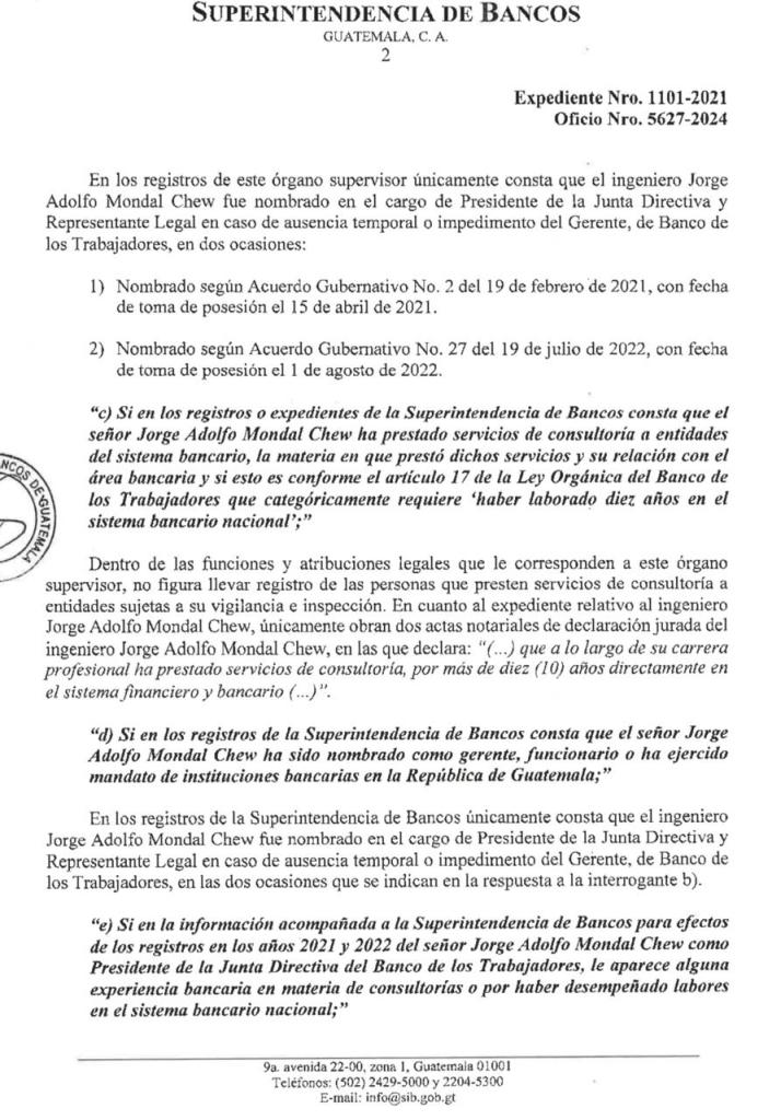 Informe emitido por el jefe de la SIB al secretario general de la Presidencia sobre Jorge Mondal en el sistema bancario nacional. Foto: La Hora.