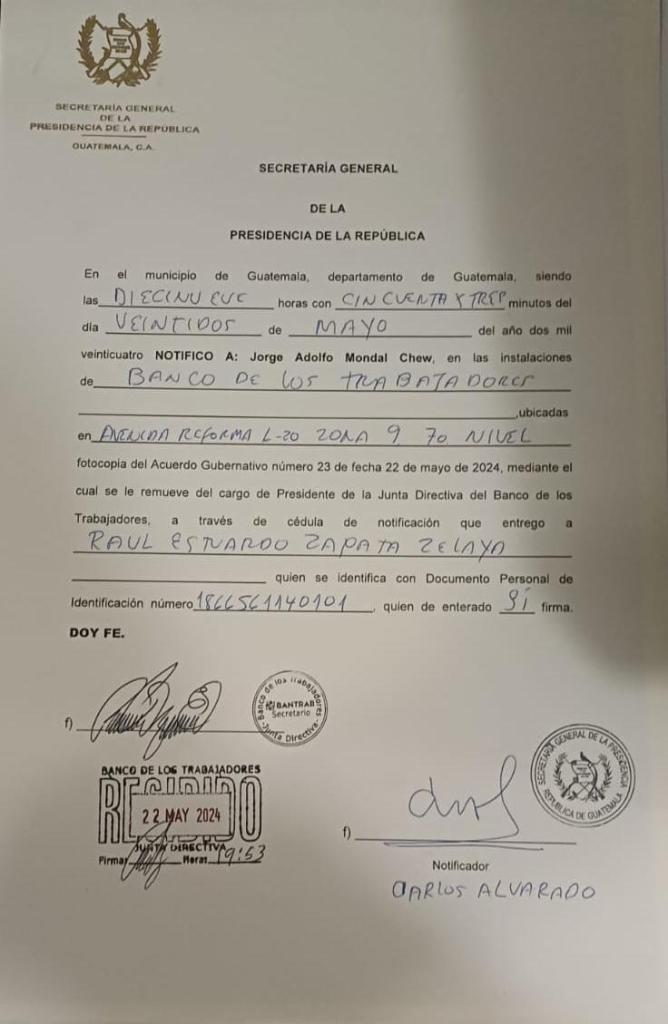 "Por medio de una notificación, la SGP informo sobre la destitución de Jorge Mondal , como Presidente del Bantrab"Foto: Gobierno de Guatemala / La Hora