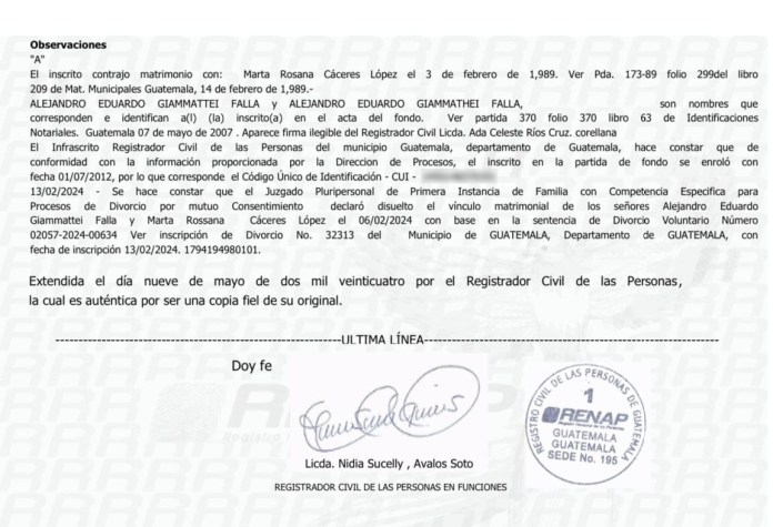 Certificado de nacimiento del expresidente Alejandro Giammattei. 