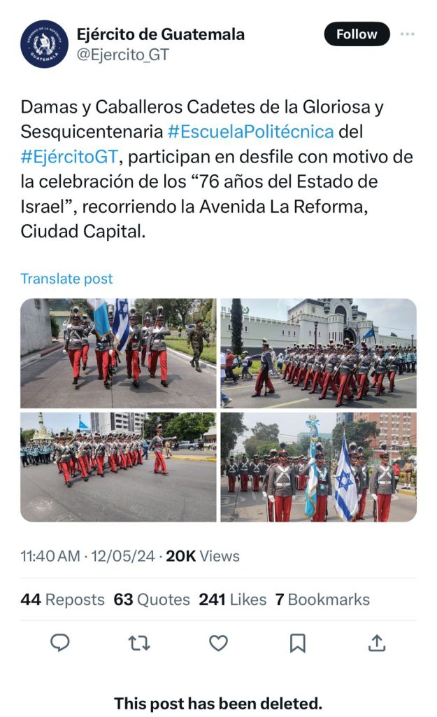 La publicación fue eliminada desde la cuenta oficial del Ejército de Guatemala. Foto: Captura de pantalla.