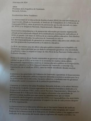 Una carta dirigida al Presidente Bernardo Arévalo departe de IDEAL, en la que se aborda el tema de Joviel y el STEG.