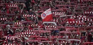 Bayern Munich fans cheer ahead of the Champions League semifinal first leg soccer match between Bayern Munich and Real Madrid at the Allianz Arena in Munich, Germany, Tuesday, April 30, 2024. (AP Photo/Matthias Schrader)