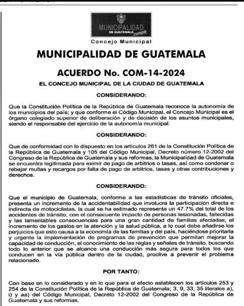 Acuerdo COM-14-2024 de la Municipalidad de Guatemala, que establece la condonación de multas a motoristas que participen y completen un curso de educación vial. Foto: Captura de pantalla