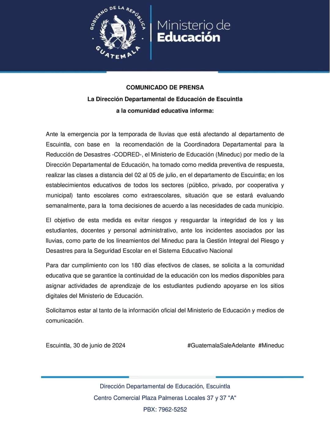 Comunicado de Mineduc 30 de junio 2024