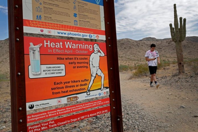 Un caminante termina su caminata matutina en South Mountain Preserve para adelantarse a las altas temperaturas, el 11 de julio de 2019, en Phoenix. (AP Foto/Matt York, Archivo)