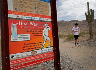 Un caminante termina su caminata matutina en South Mountain Preserve para adelantarse a las altas temperaturas, el 11 de julio de 2019, en Phoenix. (AP Foto/Matt York, Archivo)