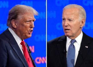 Combinación de fotografías de Donald Trump y Joe Biden durante un debate organizado por la cadena CNN. (AP Foto/Gerald Herbert)