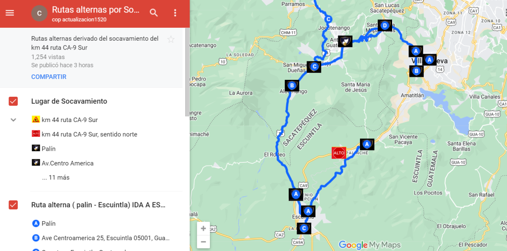 El CIV está desviando el tránsito vehicular hacia la RN-14 y a la antigua ruta Palín-Escuintla. (Foto: captura de pantalla)