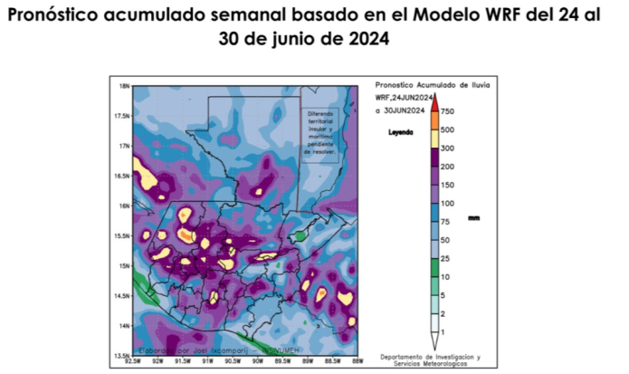 El modelo muestra un alto porcentaje de acumulados de lluvia para esta semana. (Foto: Insivumeh)