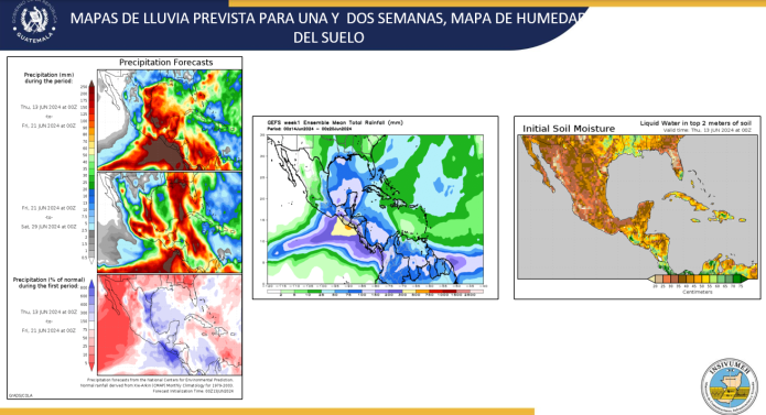 Previsiones del mapa de humedad para las próximas dos semanas, es decir, para finales de junio. El área azul refleja los acumulados de lluvia. Foto: Insivumeh