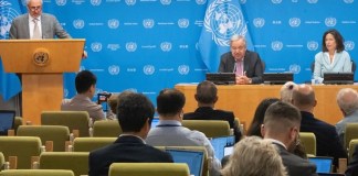 Fotografía cedida por la ONU donde aparece su secretario general, António Guterres, mientras habla durante una conferencia de prensa este lunes en la sede del organismo en Nueva York (Estados Unidos). EFE/ Eskinder Debebe / ONU