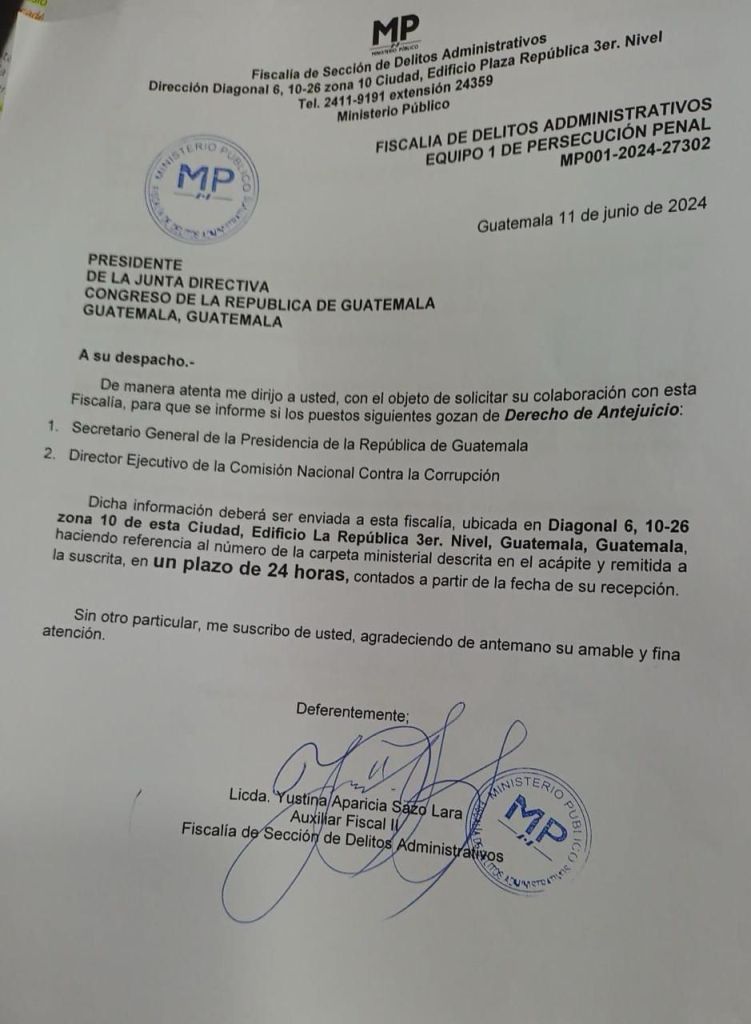 El oficio que el Ministerio Público entregó al despacho del presidente del Congreso. Foto: La Hora.