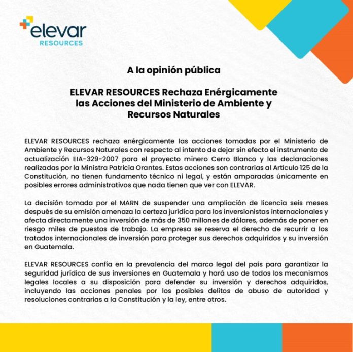 Comunicado de Elevar Resources ante declaraciones de la ministra de Ambiente, Patricia Orantes. Foto: Elevar Resources