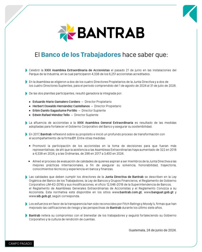 Comunicado del Banco de los Trabajadores por la elección de Junta Directiva. 